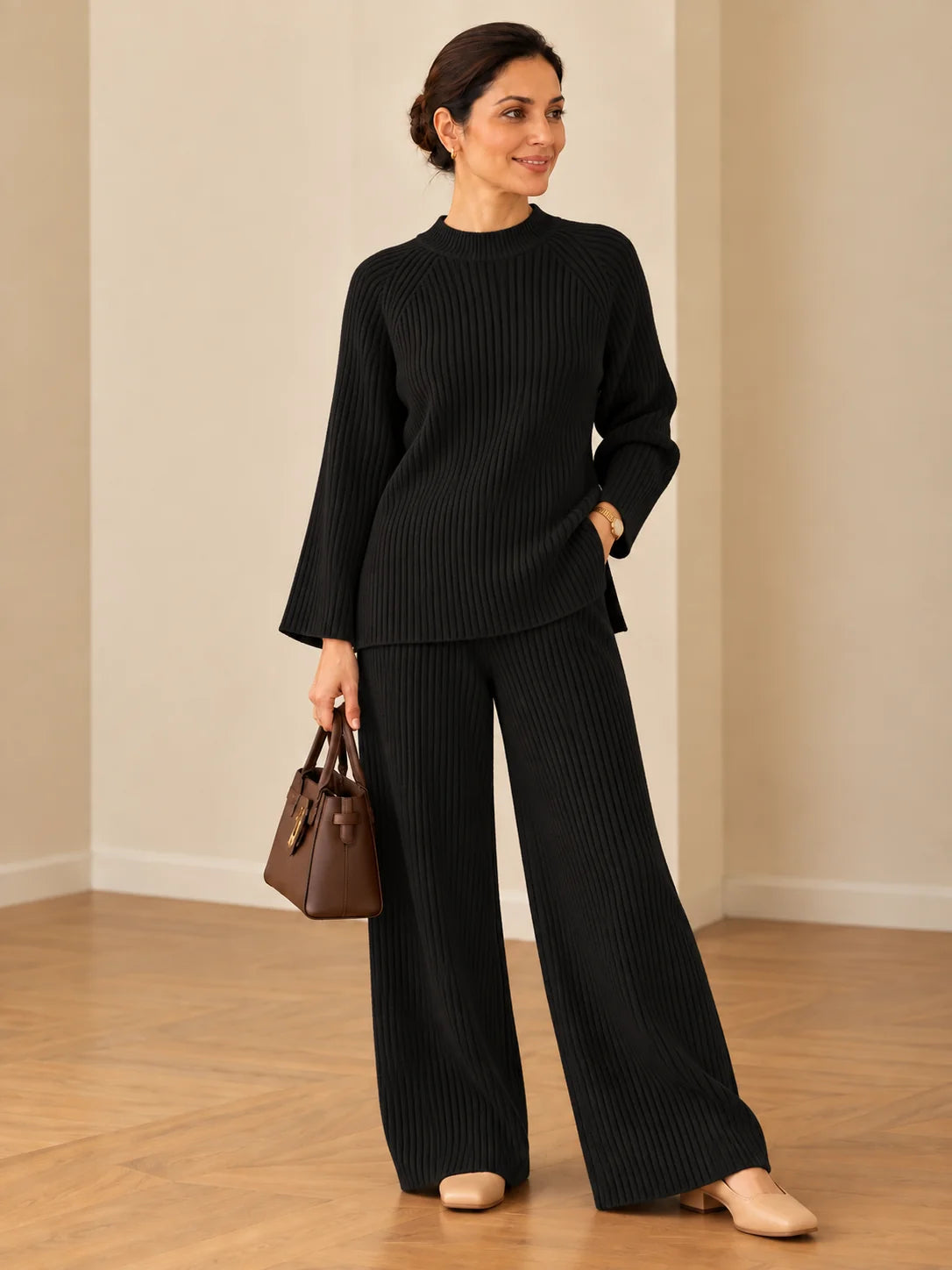 Women’s Ribbed Knit Co-Ord Set – Relaxed Fit Sweater & Wide-Leg Pants | Elegant 2-Piece Outfit