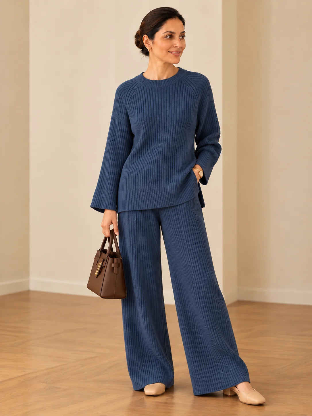 Women’s Ribbed Knit Co-Ord Set – Relaxed Fit Sweater & Wide-Leg Pants | Elegant 2-Piece Outfit