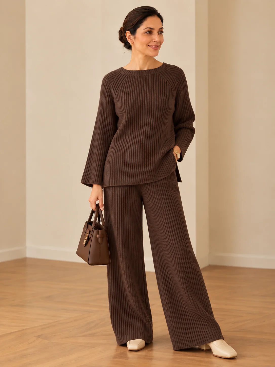 Women’s Ribbed Knit Co-Ord Set – Relaxed Fit Sweater & Wide-Leg Pants | Elegant 2-Piece Outfit