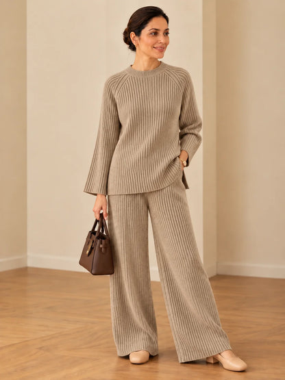 Women’s Ribbed Knit Co-Ord Set – Relaxed Fit Sweater & Wide-Leg Pants | Elegant 2-Piece Outfit