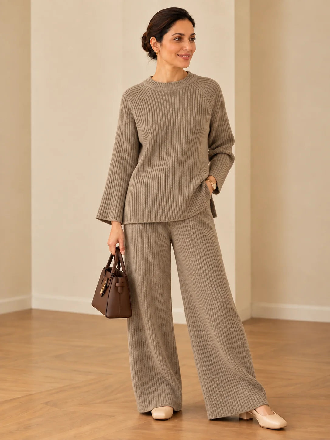 Women’s Ribbed Knit Co-Ord Set – Relaxed Fit Sweater & Wide-Leg Pants | Elegant 2-Piece Outfit